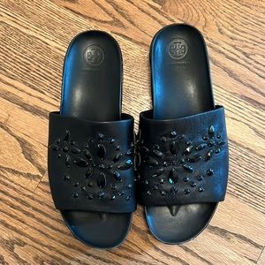 Tory Burch Jeweled Black Leather Slide Size 9M